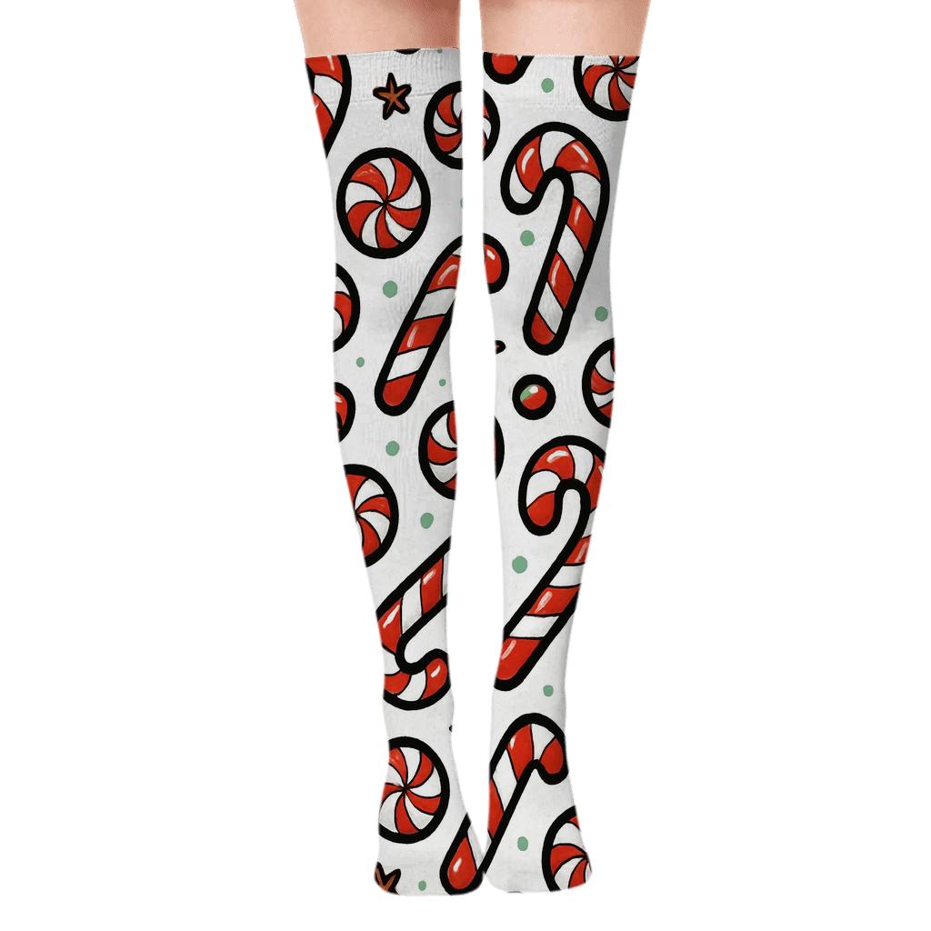 Candy Canes Sugar Dust Snowfall Scatter On White soft everyday over-the-knee socks