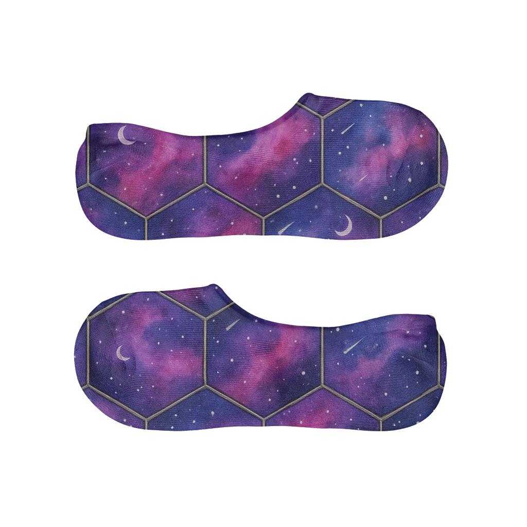 Cosmic Watercolor Nebula Hex Quilt On Black Background breathable seamless no-show sockscustom no-show socks