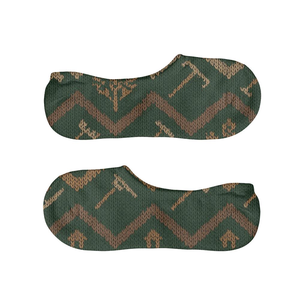 Wheat Chevron In Moss Green With Farmer Motifs designer printed no-show socks