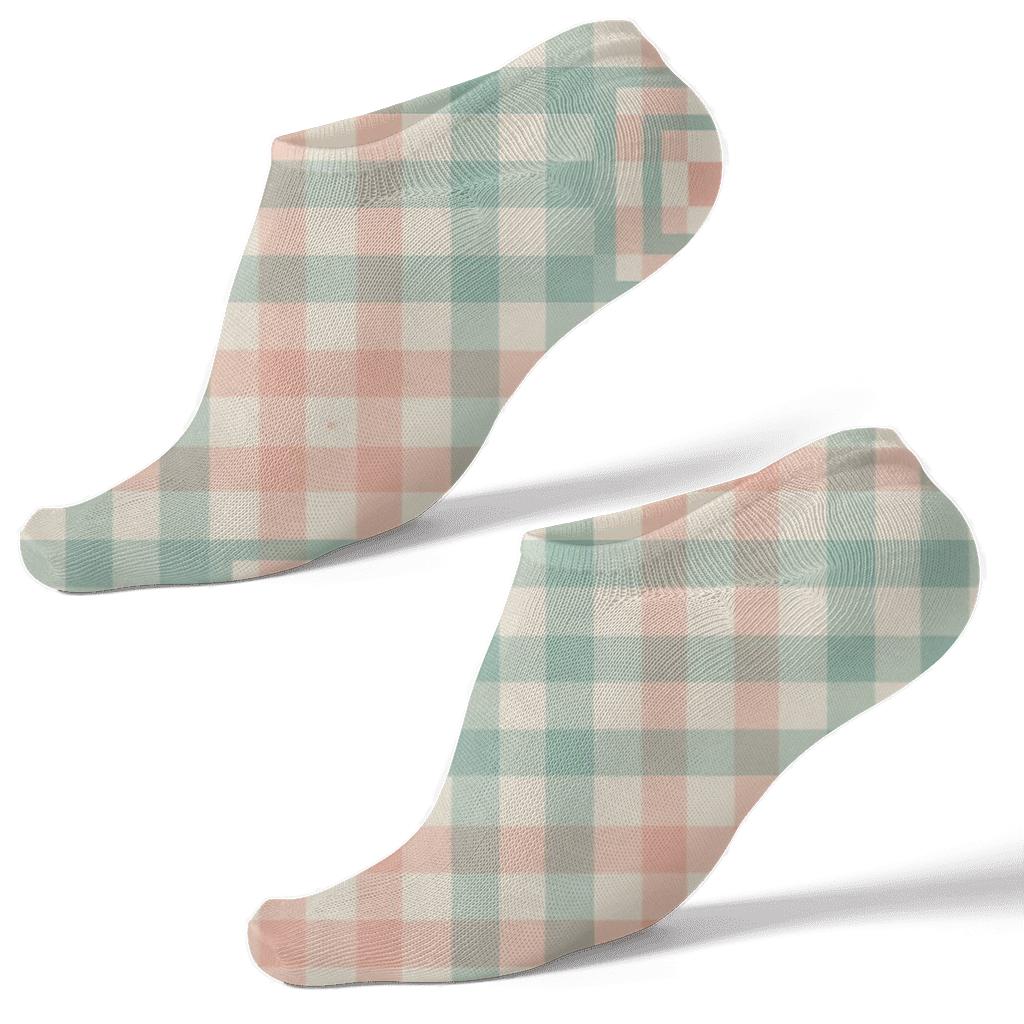Pastel Gingham Patchwork Grid With Nested Concentric Check Insets On Cream unique graphic ankle socks