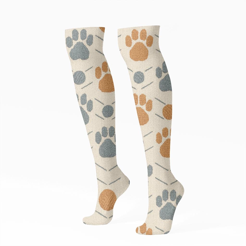 Knitted Cat Paw Chevron On Warm Cream Ground premium sports knee-high socks