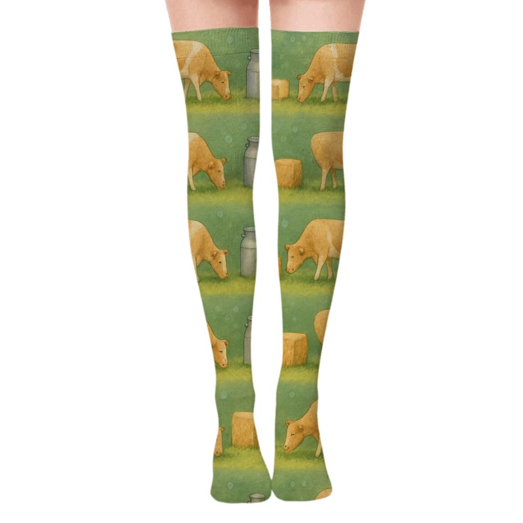Pasture Landscape With Cow Band Repeat trendy patterned over-the-knee socks