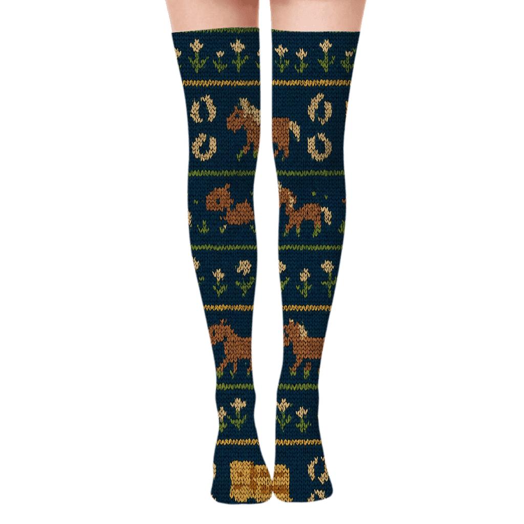 Knitted Meadow Bands With Pony Motifs unique graphic over-the-knee socks