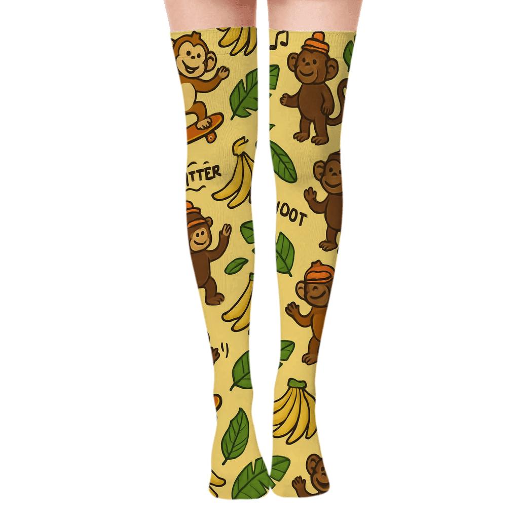 Playful Jungle Party Monkey Parade On Sandy Yellow stylish fashion over-the-knee socks
