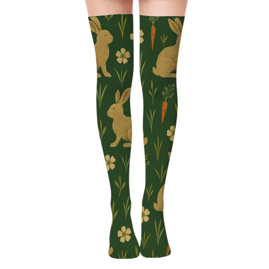 Botanical Tile Study, Rabbit Silhouettes unique graphic over-the-knee socks