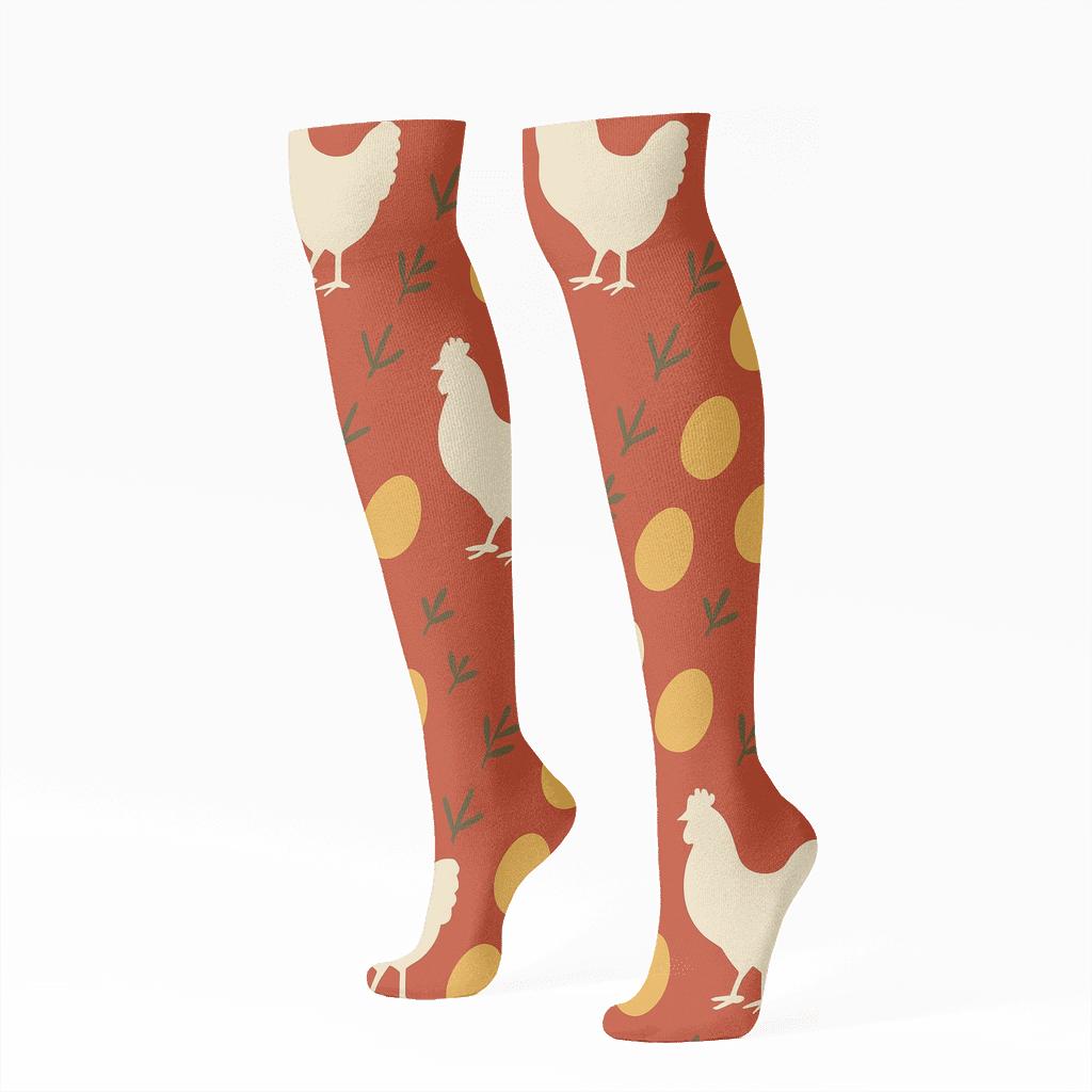 Barn Red Diagonal Rhythm With Chicken Silhouettes premium sports knee-high socks