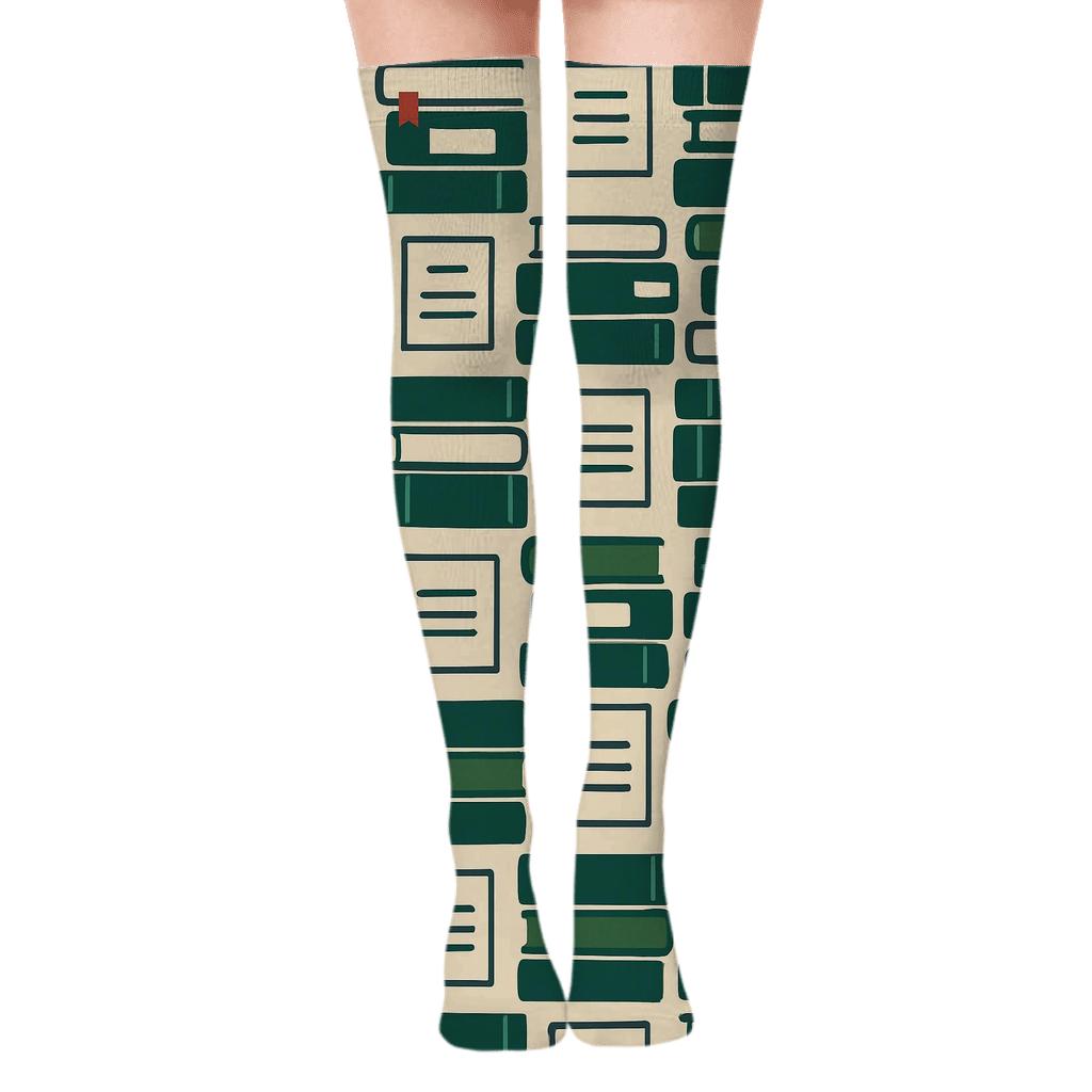 Book Spine Lattice For Librarian Chic designer print over-the-knee socks