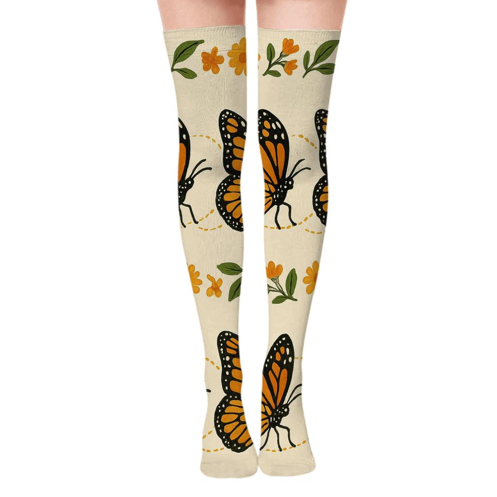 Monarch Parade Meadow Border On Warm Cream designer print over-the-knee socks