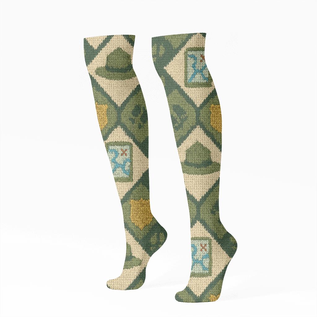 Knitted Patchwork Park Ranger Motif Tiles designer print knee-high socks