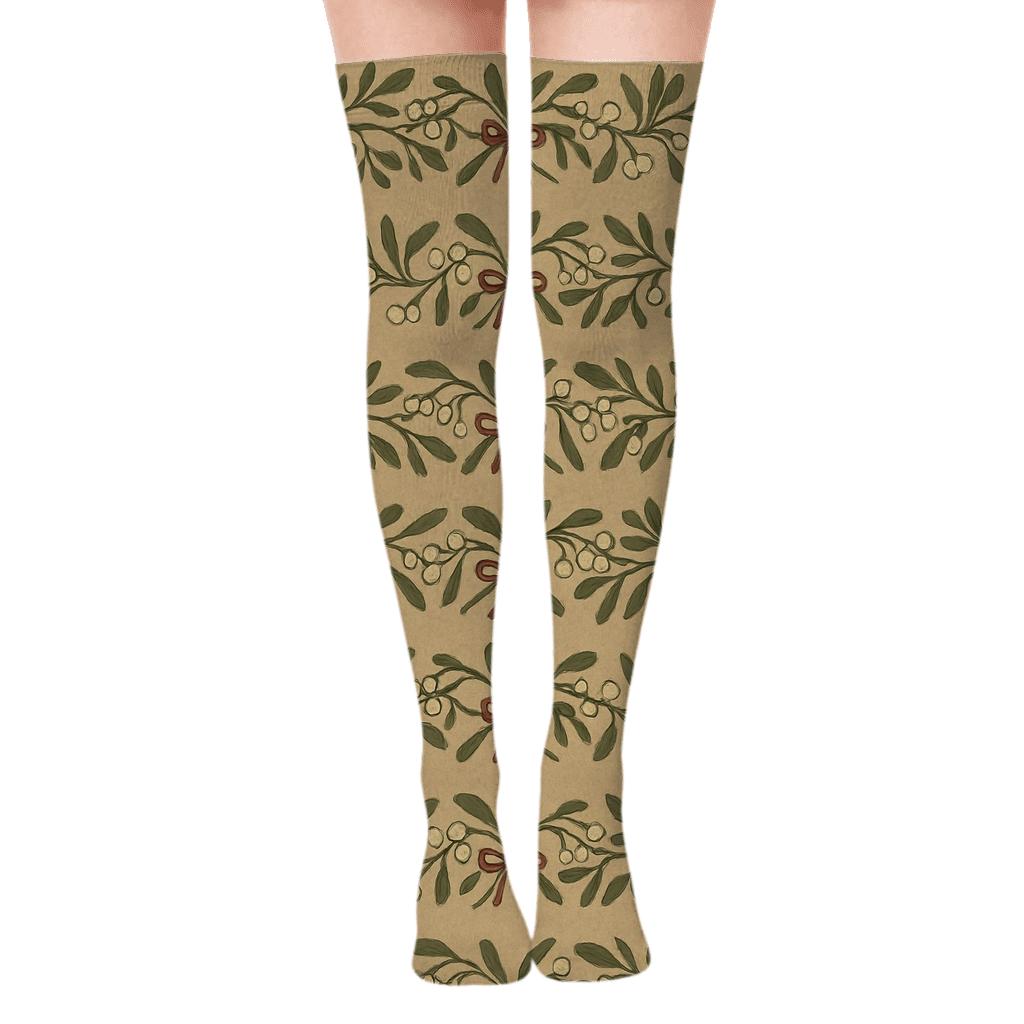 Vintage Poster Look With Mistletoe Garland Bands premium cozy over-the-knee socks