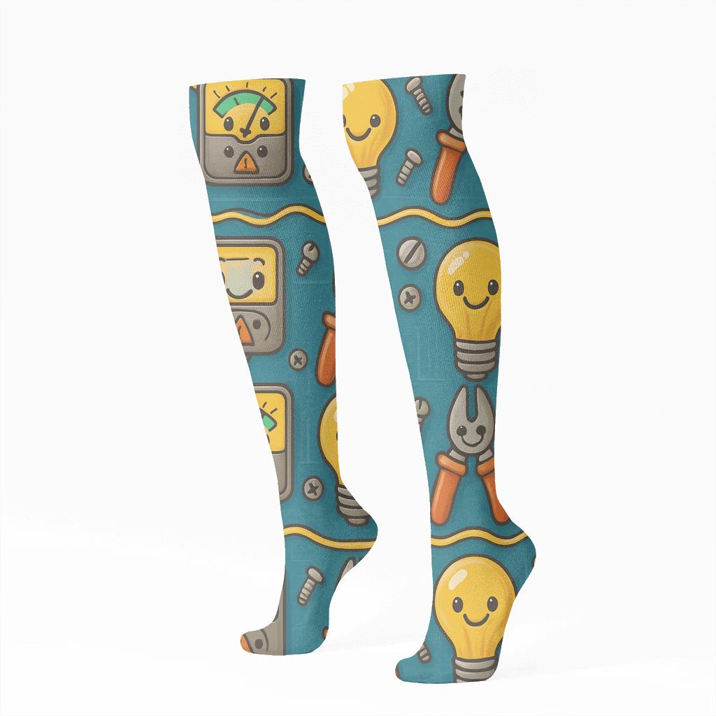 Voltage Meter Parade Pattern With Electrician Icons premium sports knee-high socks
