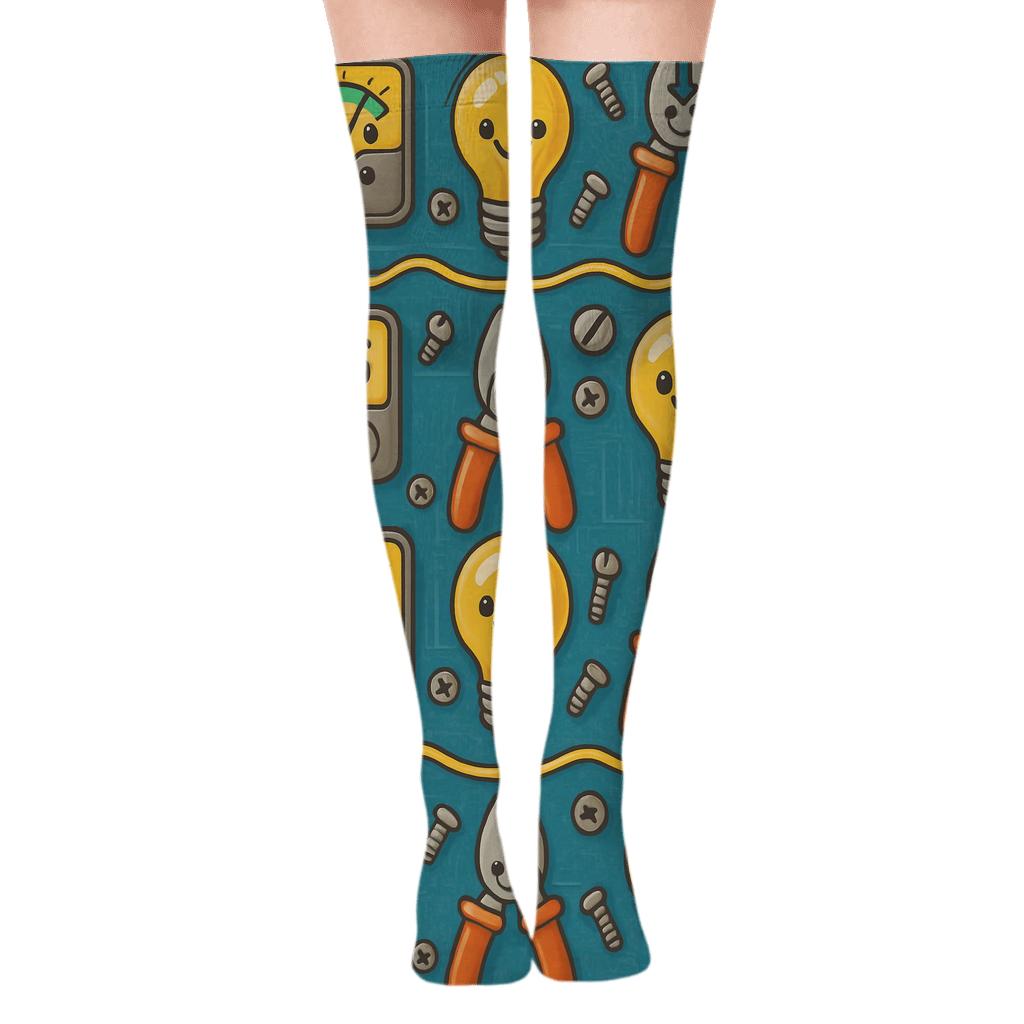 Voltage Meter Parade Pattern With Electrician Icons trendy patterned over-the-knee socks