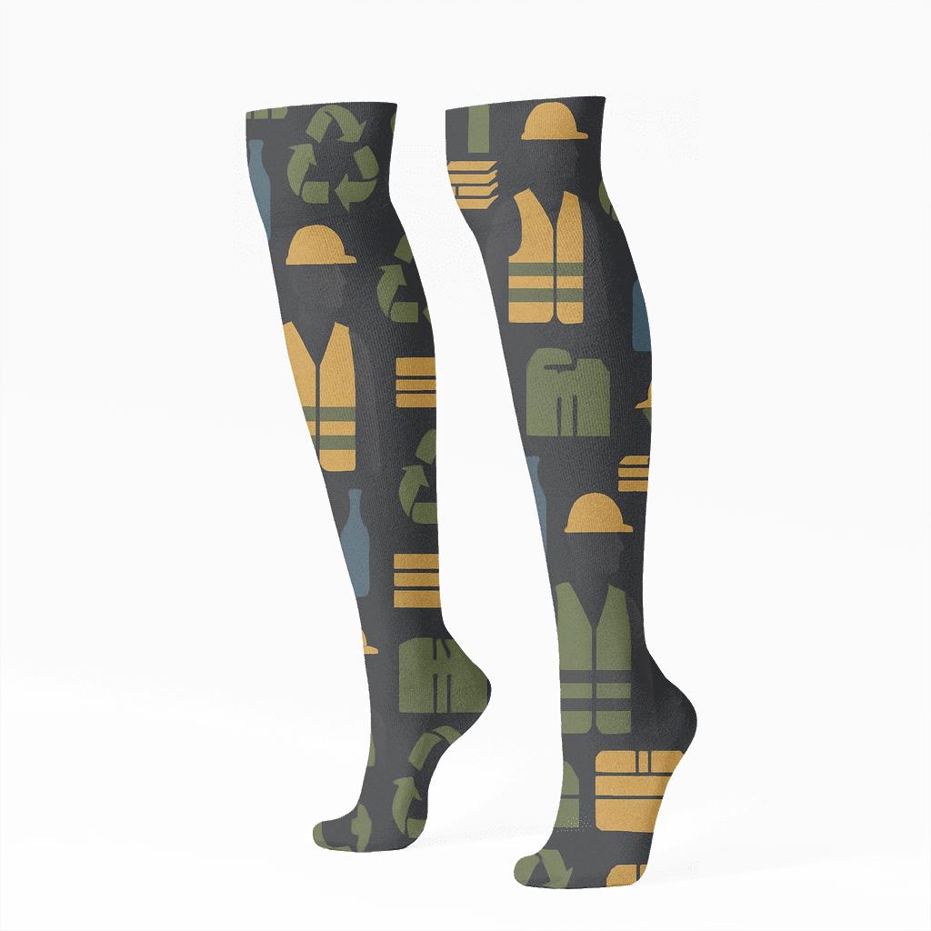 Industrial Collage Pattern With Recycling Plant Worker Silhouettes trendy patterned knee-high socks