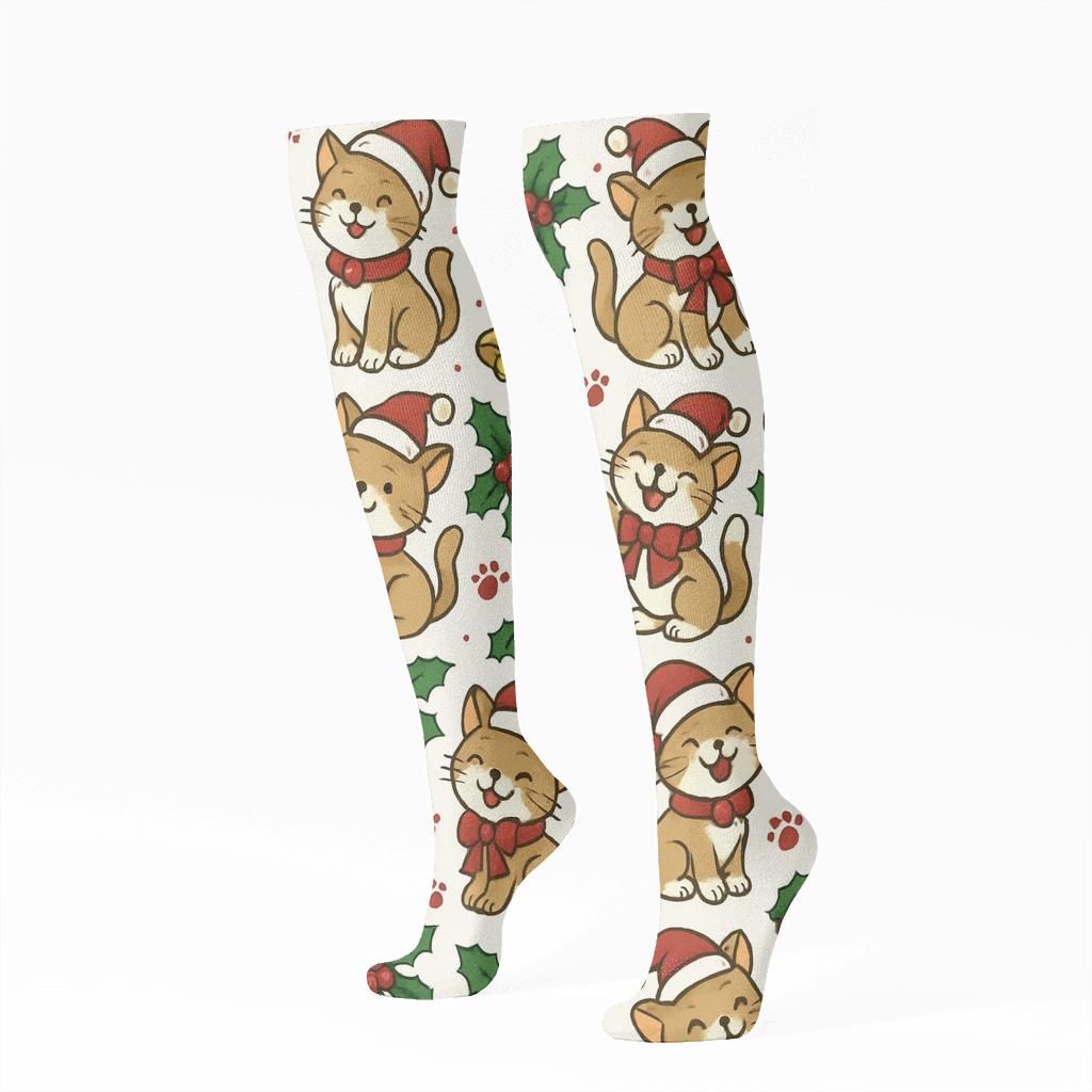 Crimson Cat Carolers Lattice On Snow White Background stylish athletic knee-high socks