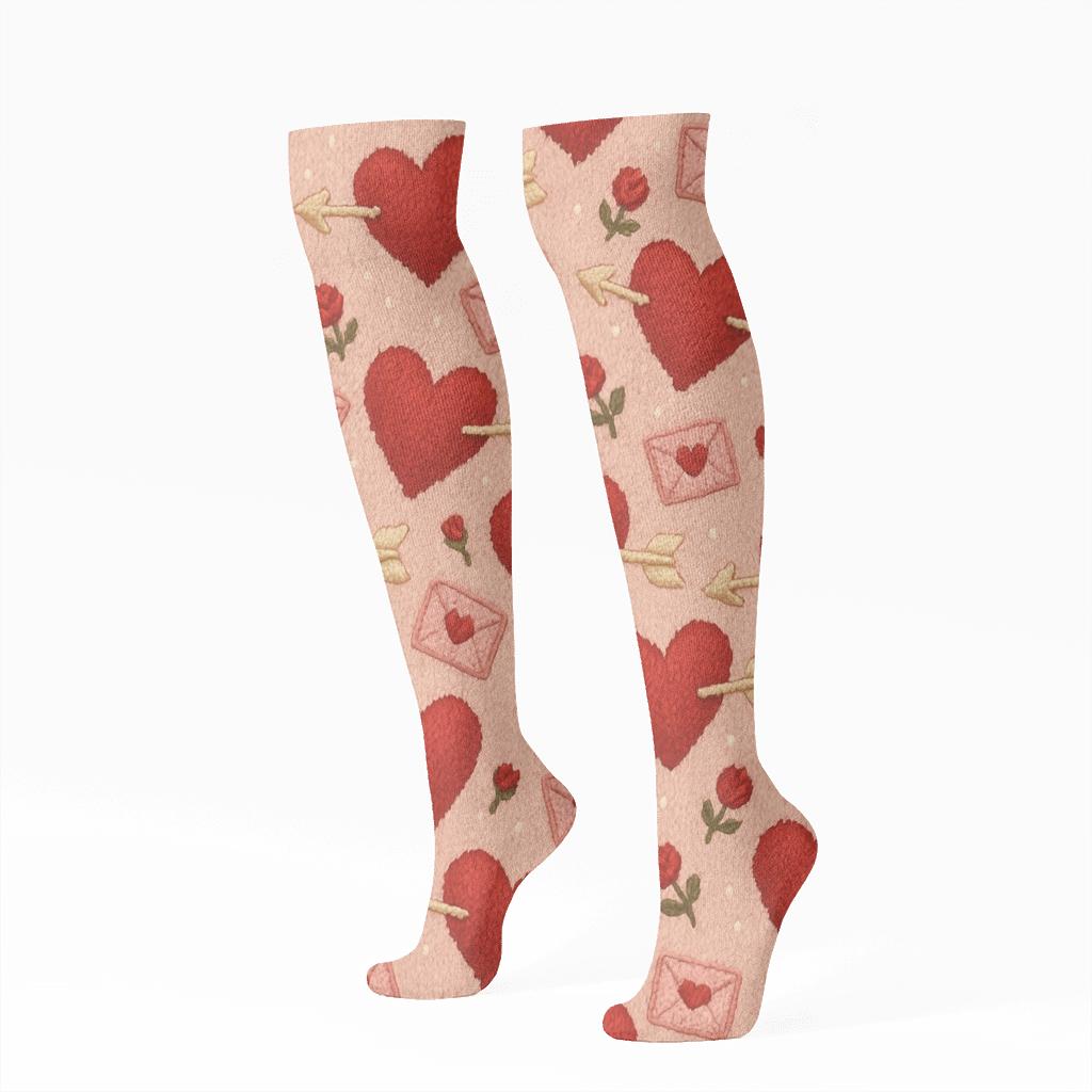 Knitted Love Tapestry With Valentines Heart With Arrow designer print knee-high socks