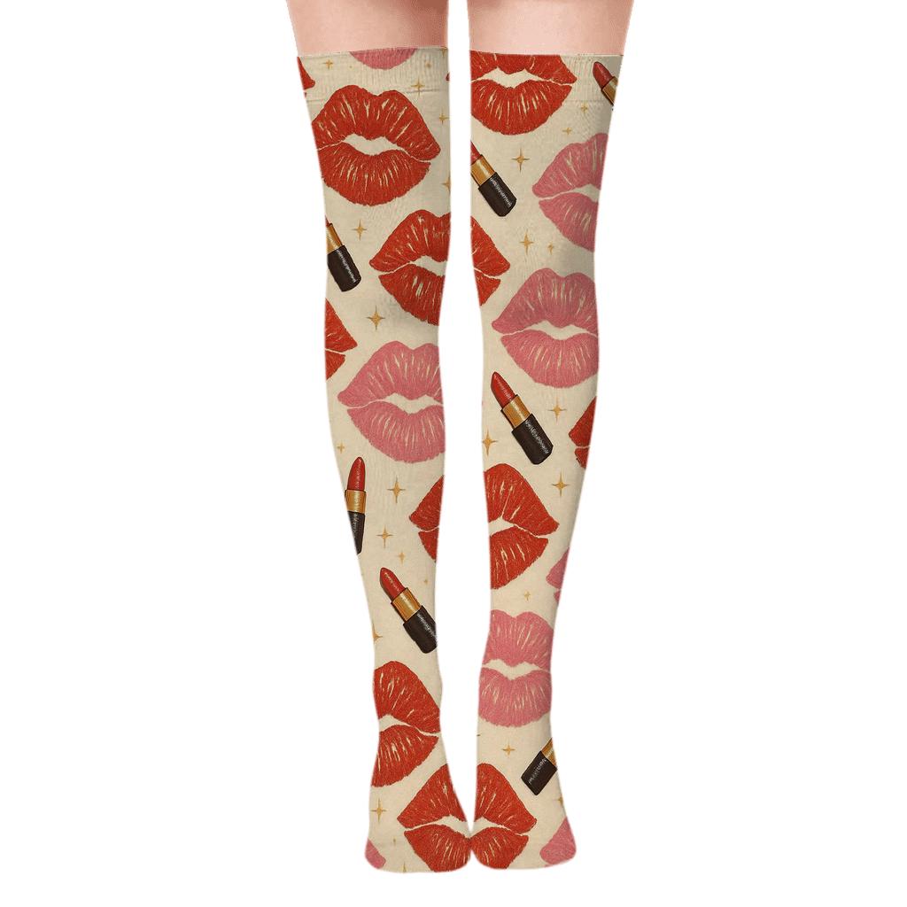 Beauty Collage With Kiss Mark Lattice premium cozy over-the-knee socks