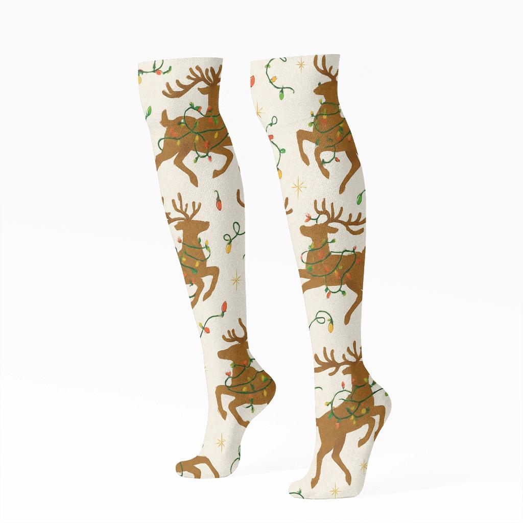 Reindeer With Holiday Lights Tangled, All Over Print comfortable cotton knee-high socks
