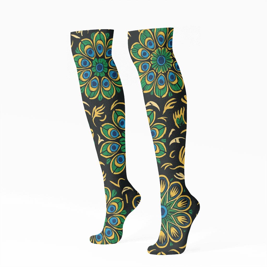 Peacock Eye Feather Medallions On Jet Black Background unique graphic knee-high socks