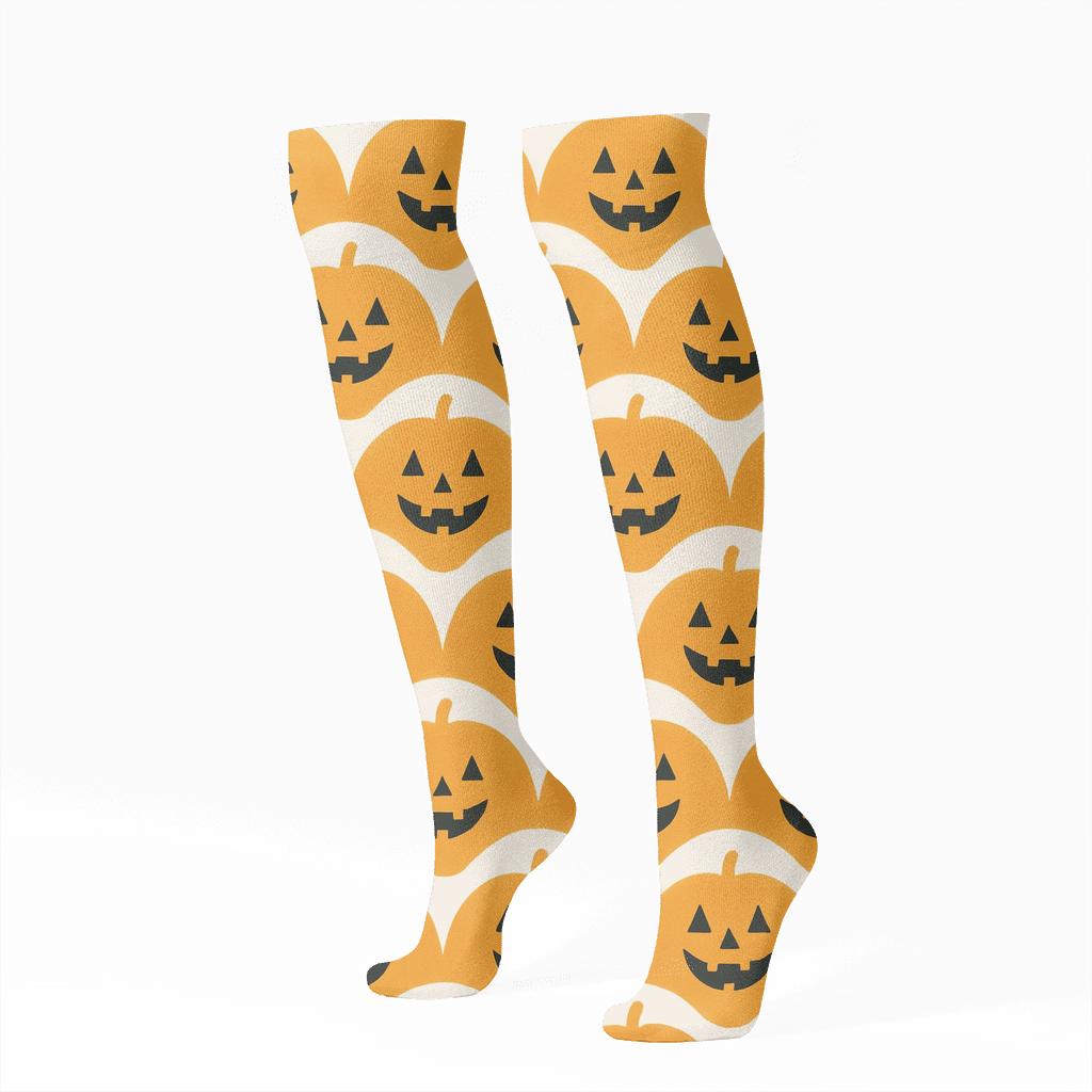 Jack O Lantern Smile Scallop Rows On White Background designer print knee-high socks