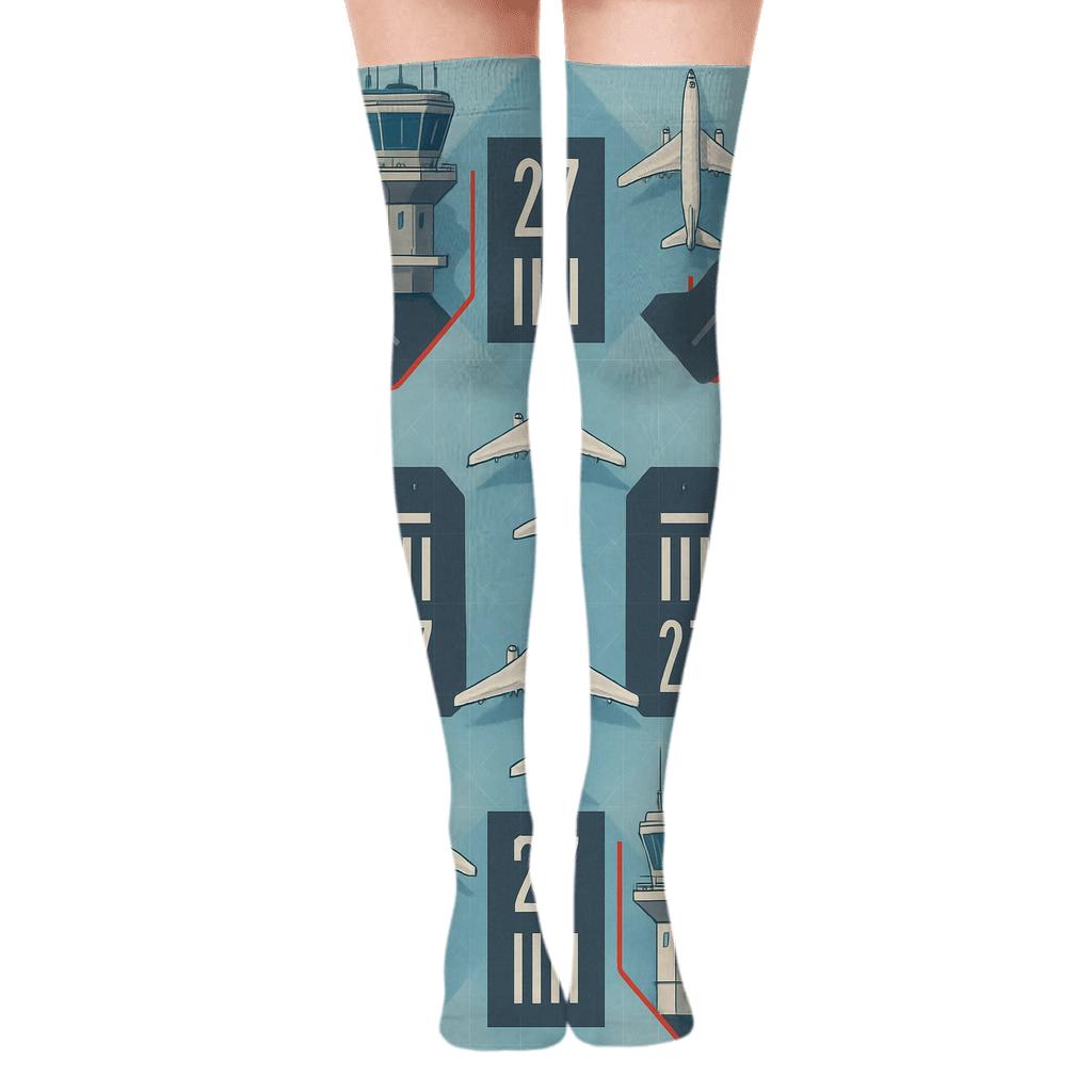 Air Traffic Control Tower Airplane Tile Collage personalized over-the-knee socks