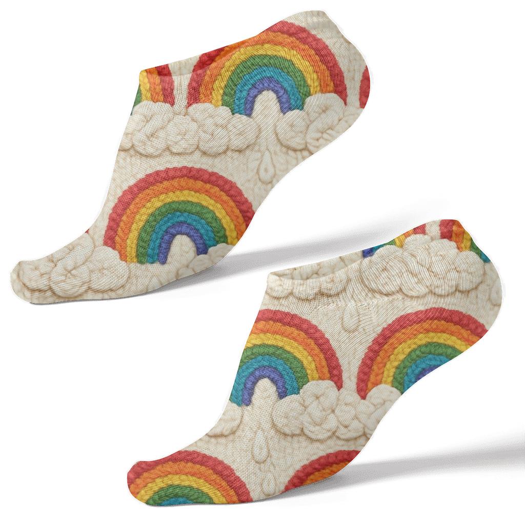 Knitted Rainbow Arc And Cloud Ribbed Tessellation On Cream Background trendy patterned ankle socks