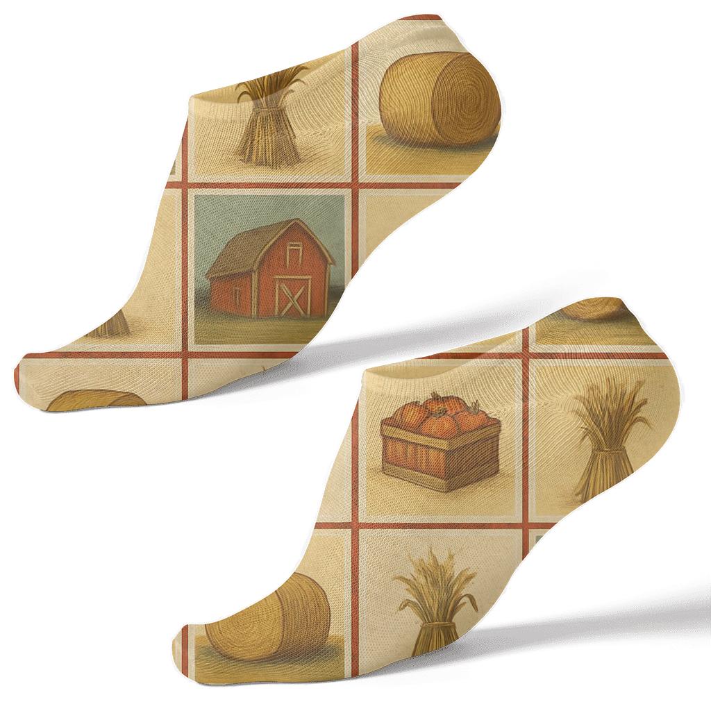 Harvest Barn Patchwork Grid On Creamy Beige Background premium sports ankle socks