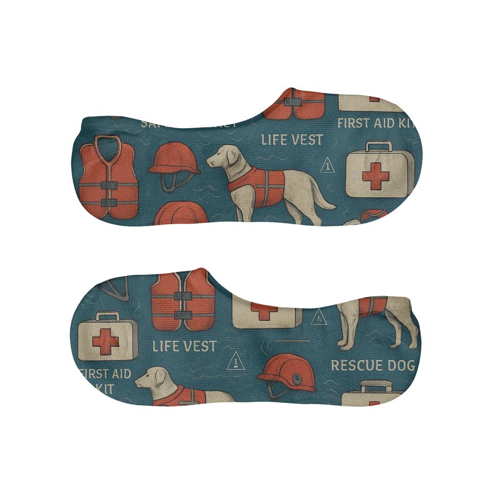 Rescue Dogs And Search And Rescue Worker Grid On Deep Blue designer printed no-show socks