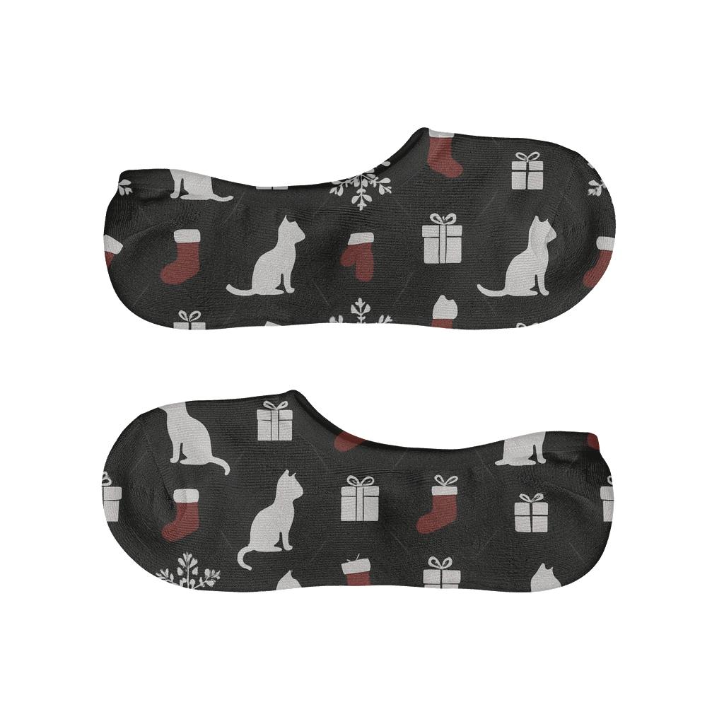 Midnight Snowflake Silhouette Kittens Lattice On Black Background soft cotton no-show socks