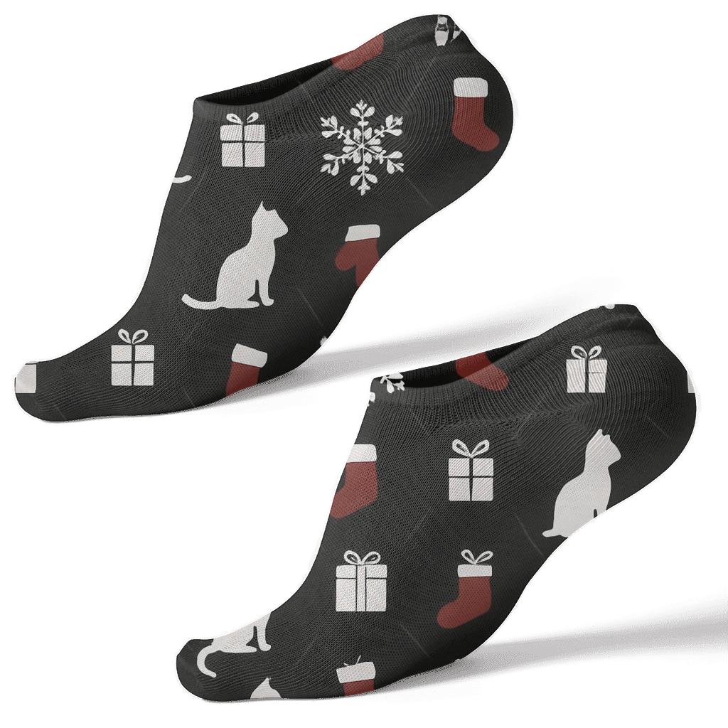 Midnight Snowflake Silhouette Kittens Lattice On Black Background premium sports ankle socks