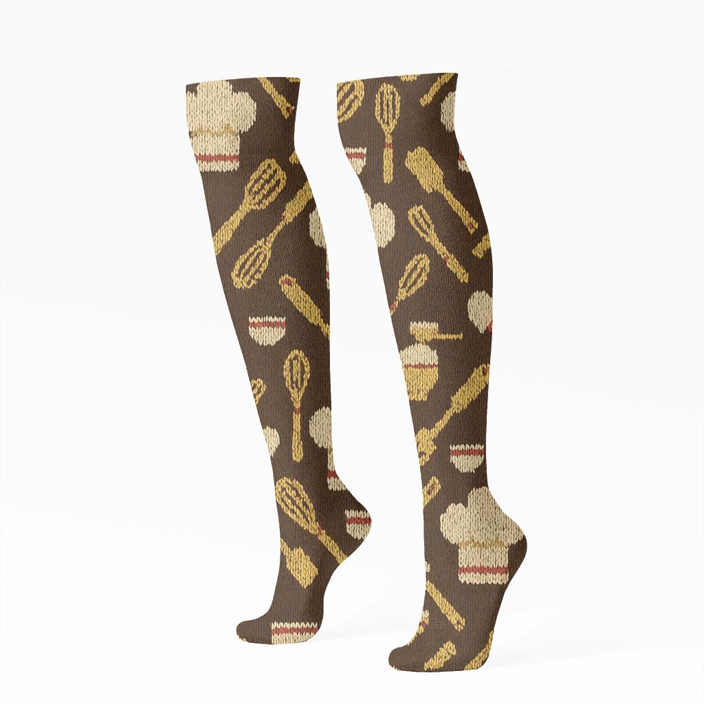 Knitted Illusion Chef Hat Lattice comfortable cotton knee-high socks