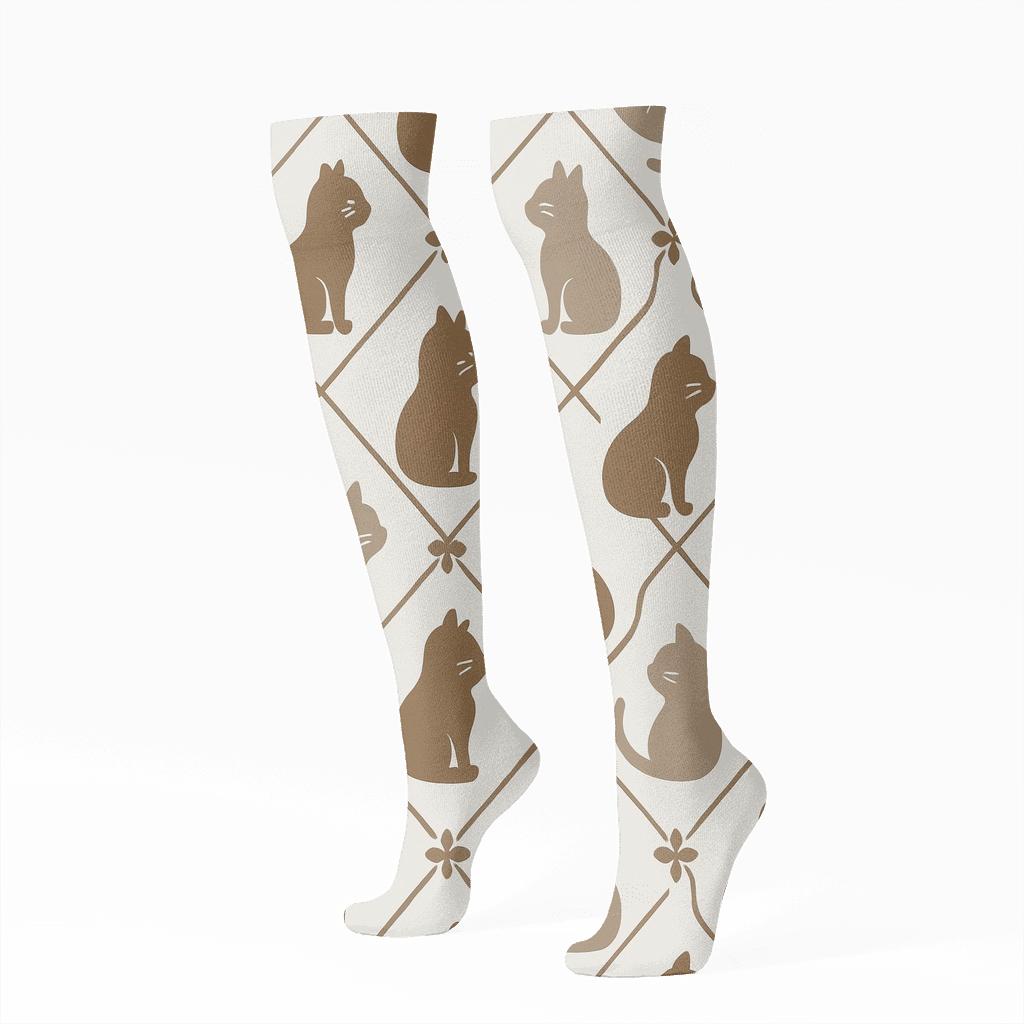 Botanical Tiles With Cat Silhouettes trendy patterned knee-high socks