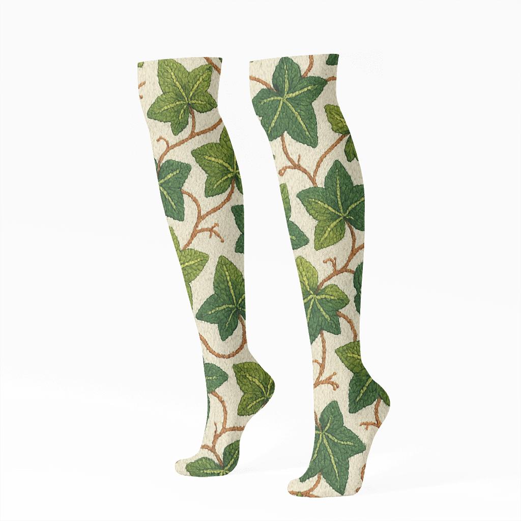 Knitted Ivy Leaf Tessellation On Cream trendy patterned knee-high socks