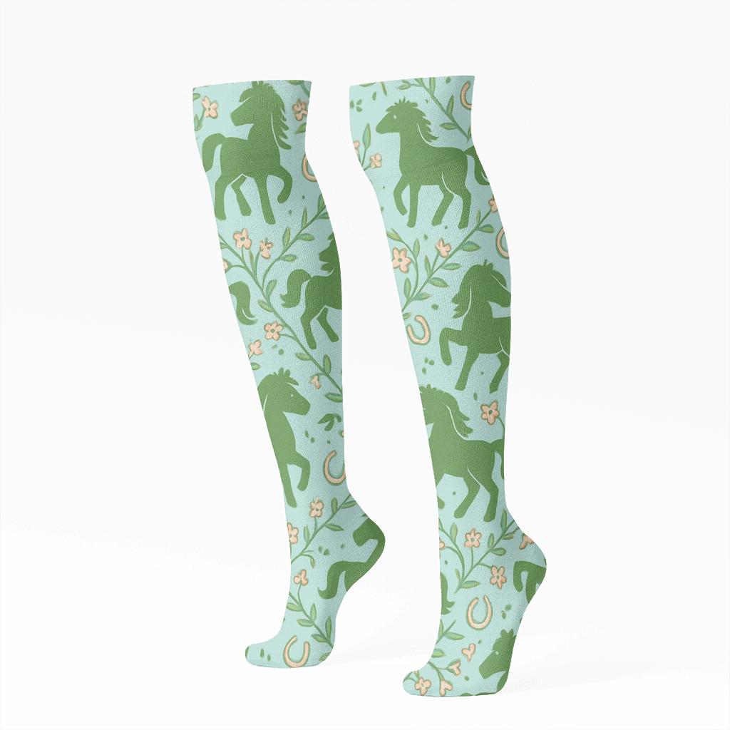 Pony Meadow Lattice On Pastel Blue unique graphic knee-high socks