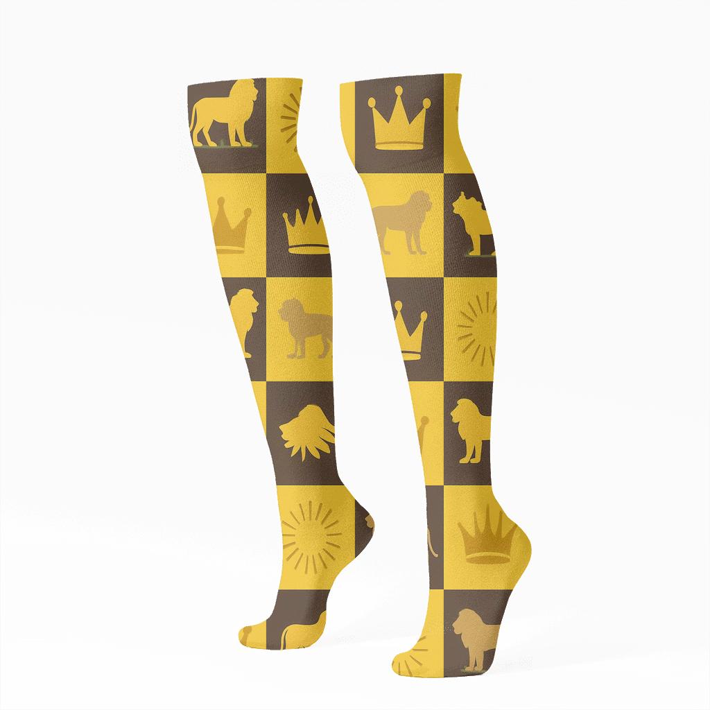 Savanna Sun Grid With Lion Silhouettes designer print knee-high socks
