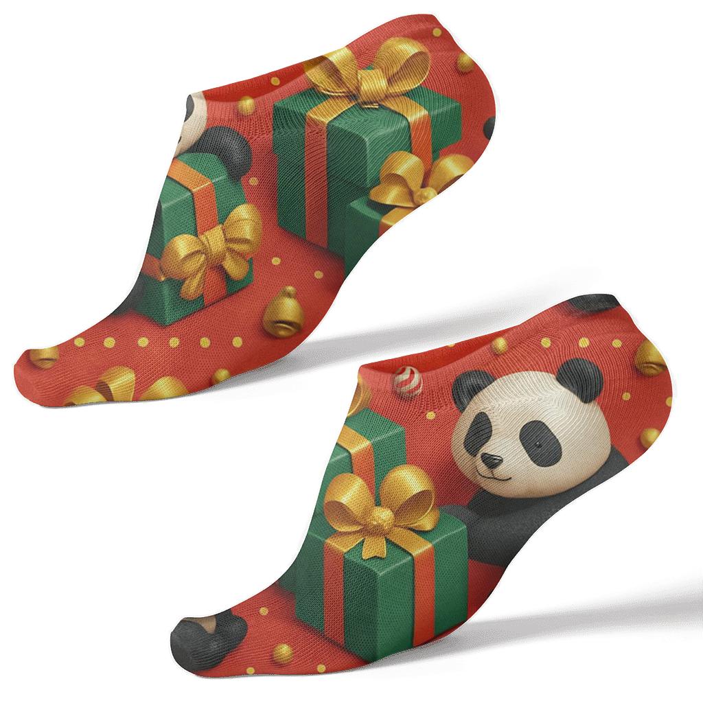 3D Gift Box Panda Block Repeat On Cherry Red Background premium sports ankle socks