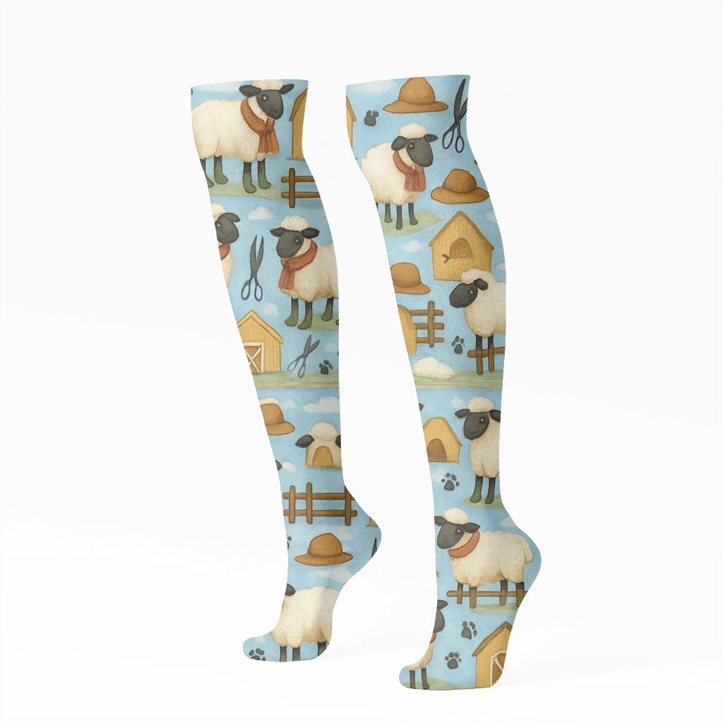 Sheep-Quilted Barnyard Collage trendy patterned knee-high socks