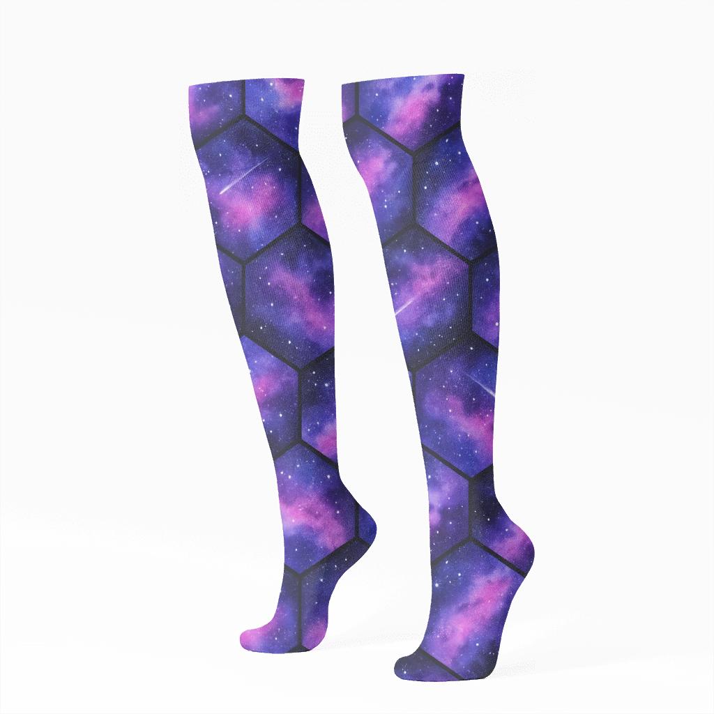 Cosmic Purple Nebula Quilt On Black Background premium sports knee-high socks