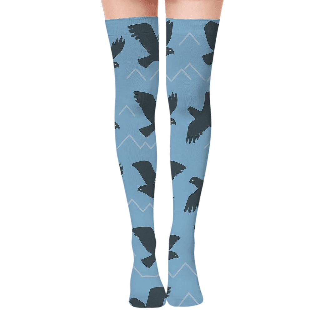 Sky Blue Grid With Eagle Silhouettes unique graphic over-the-knee socks