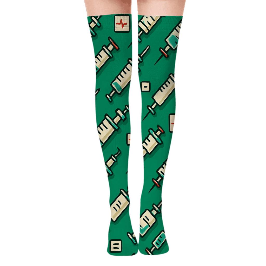 Syringe Chevron On Hospital Green, Doctor Edition designer print over-the-knee socks