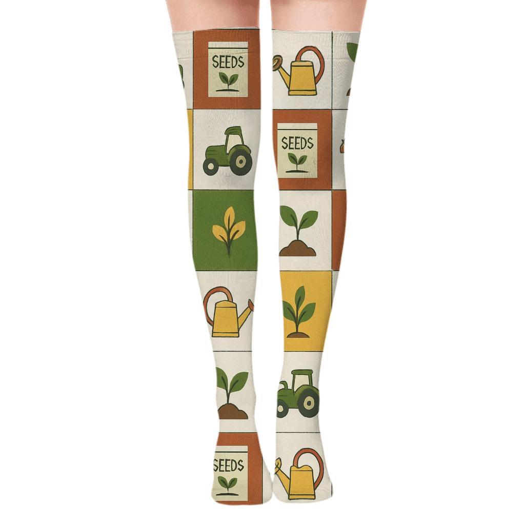 Patchwork Field Rows With Farmer Motifs premium cozy over-the-knee socks