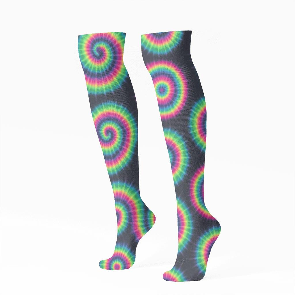 Neon Spiral Tile Lattice On Charcoal Background trendy patterned knee-high socks