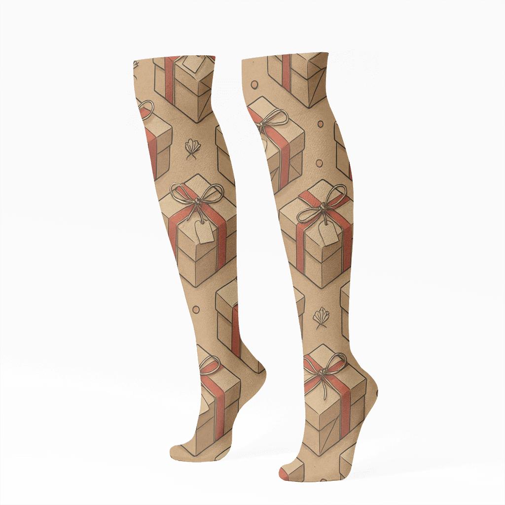 Ribbon Lattice Presents On Kraft Brown custom knee-high socks