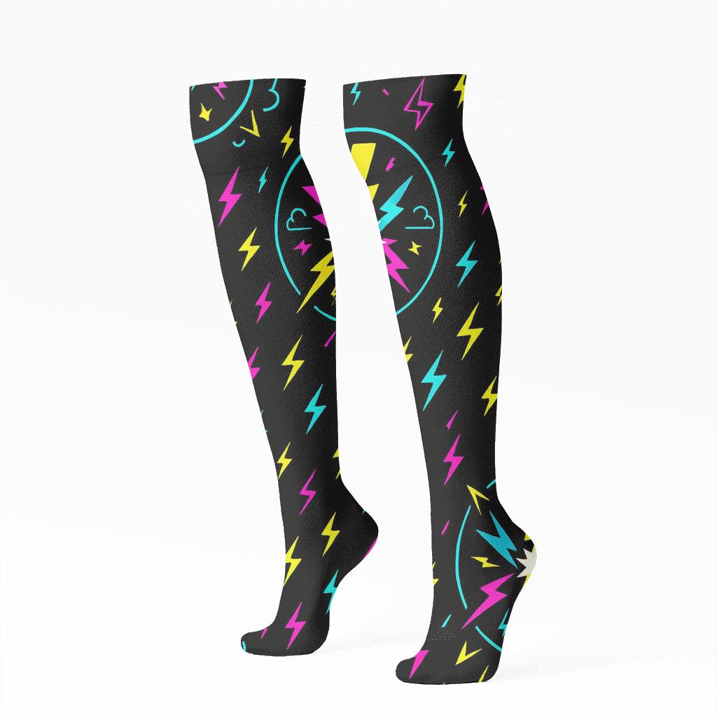 Neon Bolt Burst Collage On Black personalized knee-high socks