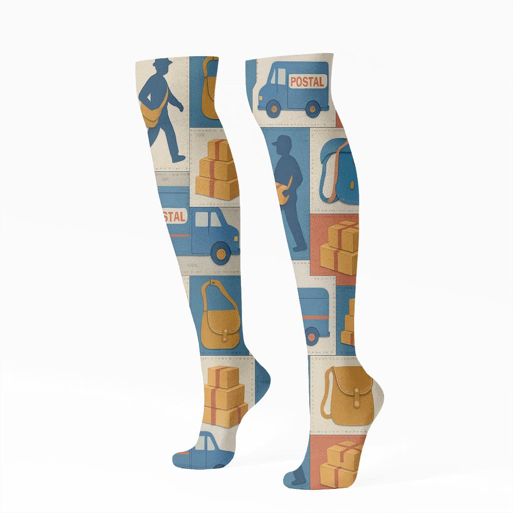 Patchwork Route Map Delivery Collage With Postal Worker Icons soft everyday knee-high socks