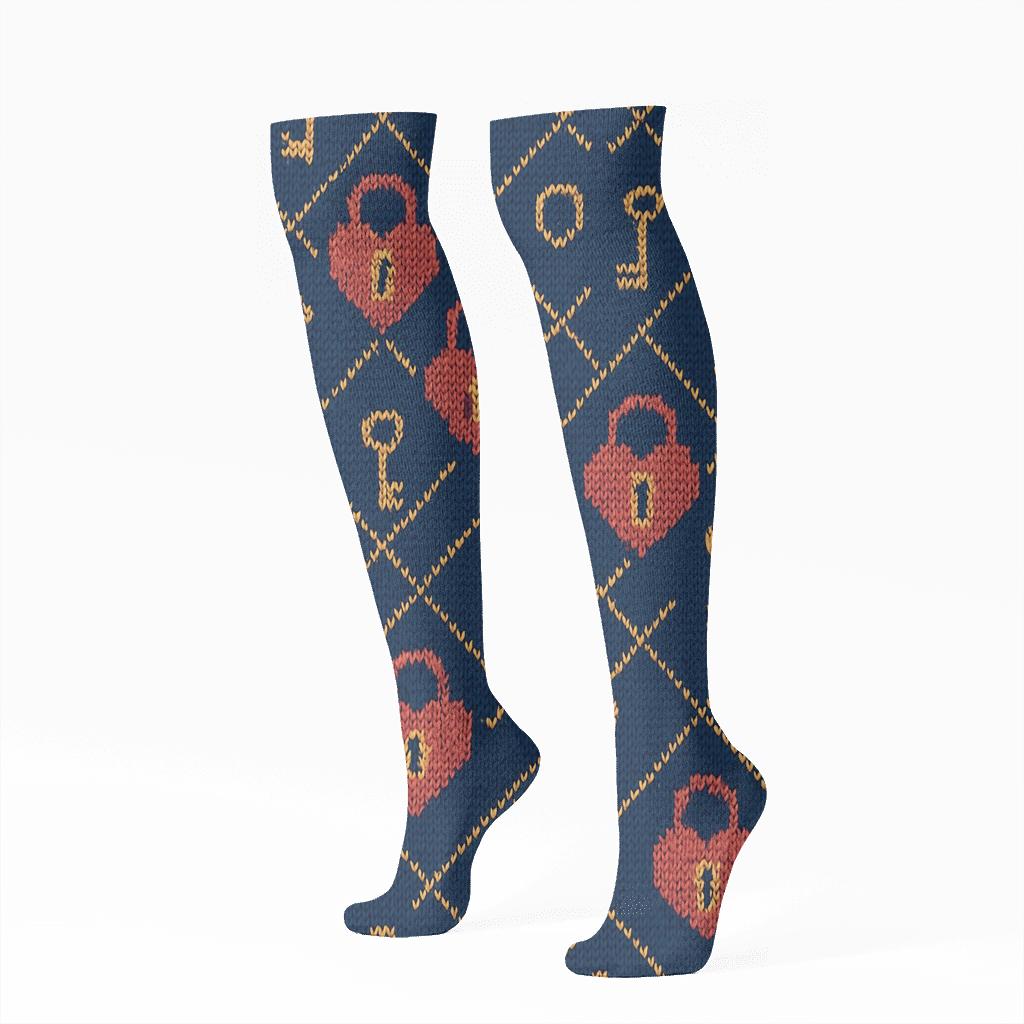 Knitted Illusion Valentines Heartshaped Lock And Key Lattice comfortable cotton knee-high socks