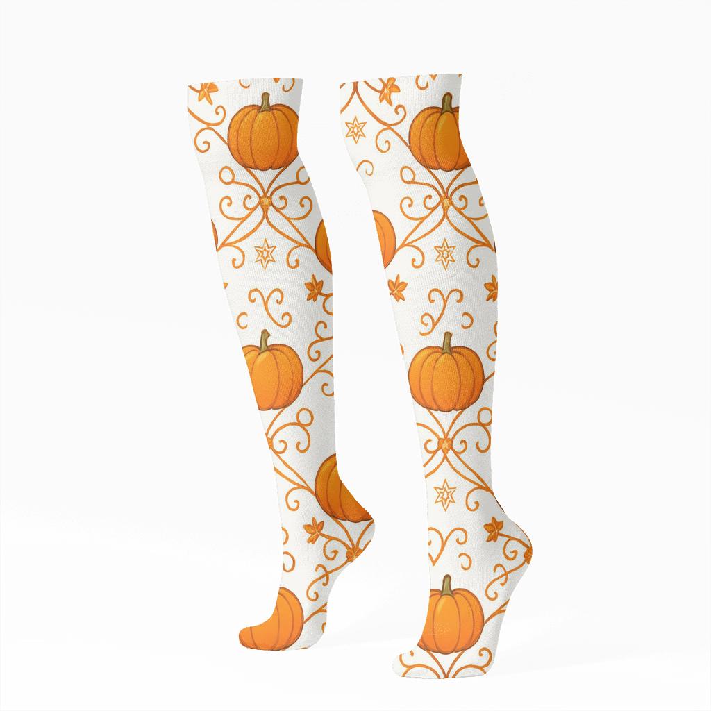 Orange Pumpkin Vine Trellis Repeat On White Background designer print knee-high socks