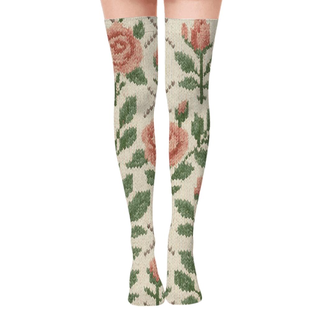 Knitted Valentine’s Rose Trellis Tiles comfortable cotton over-the-knee socks