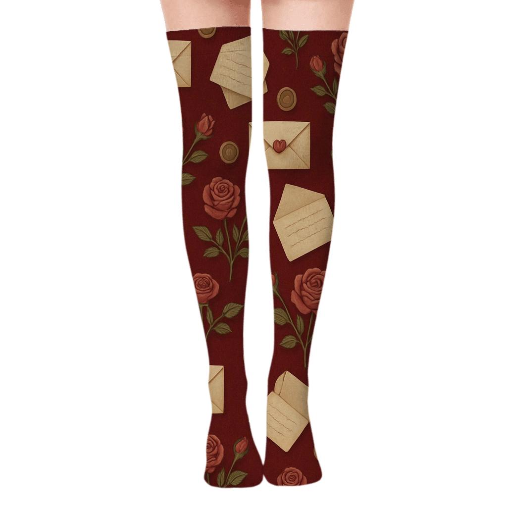 Romantic Postcard Collage With Valentines Love Letter Envelope personalized over-the-knee socks