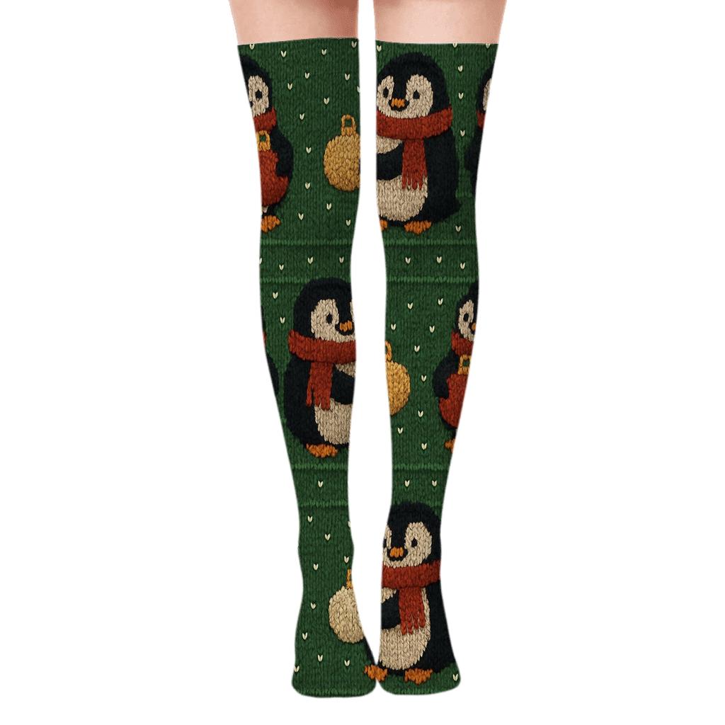 Cozy Knit Penguins Ornament Grid designer print over-the-knee socks