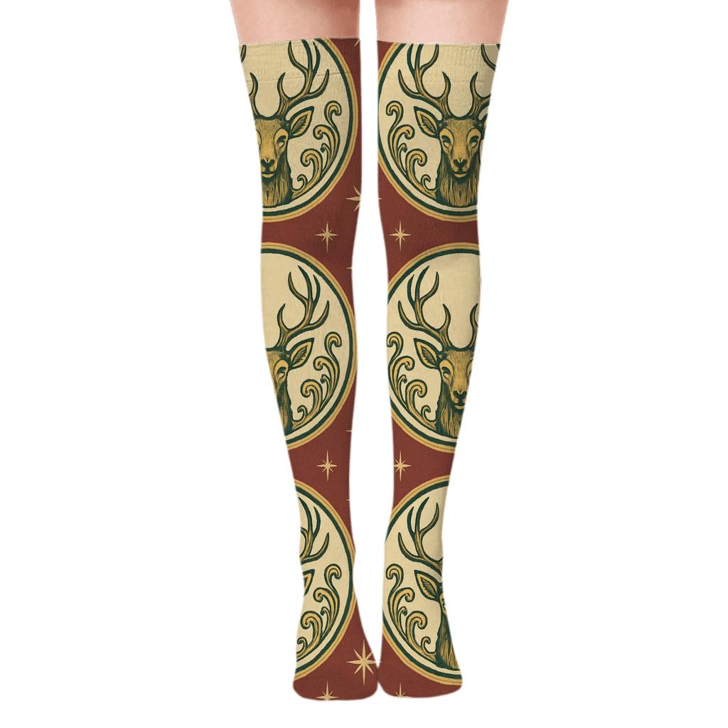 Vintage Poster Reindeer Holiday Medallions personalized over-the-knee socks